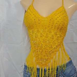 Women One Size Fits Most Yellow Crochet Halter Top